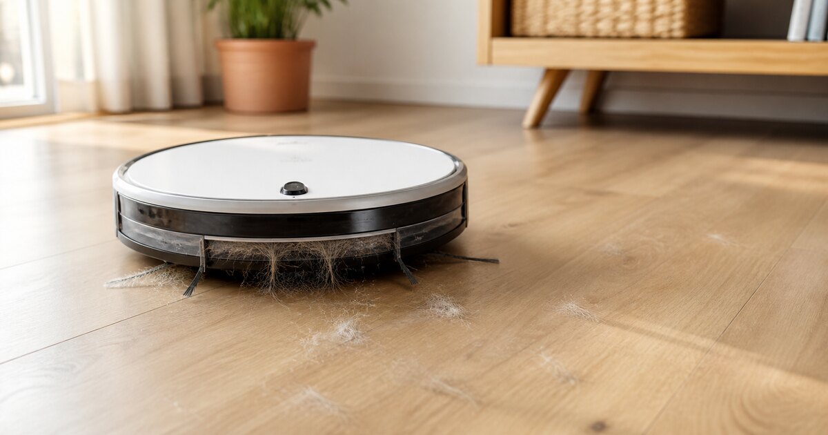 Illustration de la situation : Robot aspirateur et poils de chien : brosse bloquée, entretien, solutions