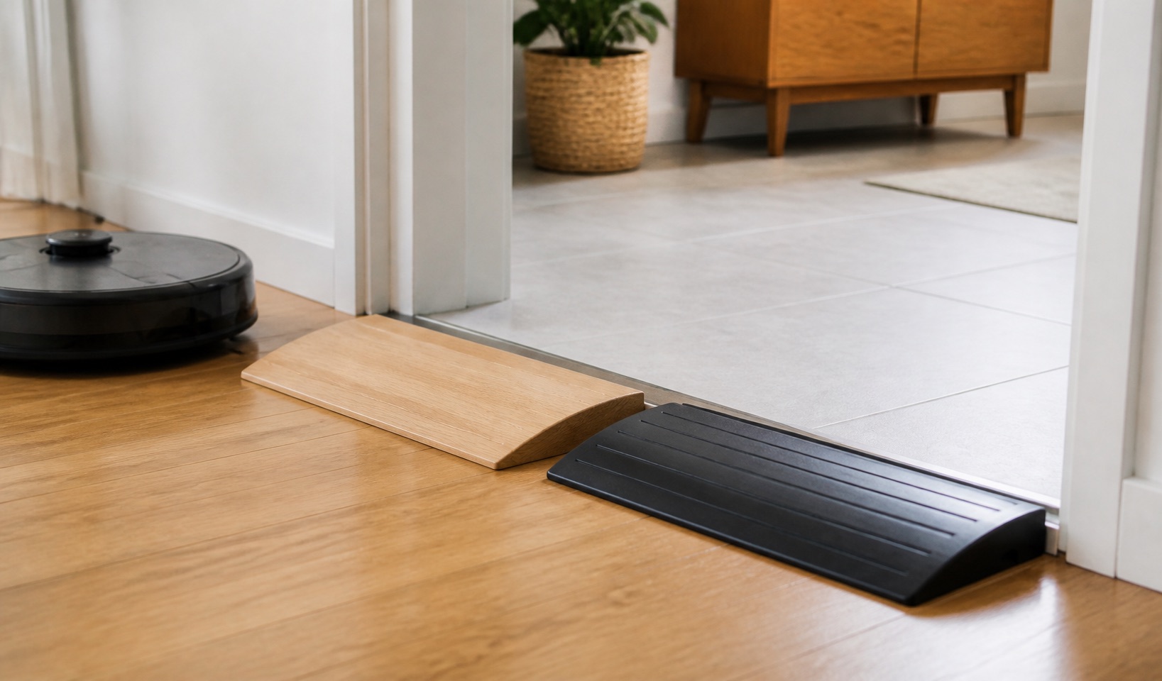 Illustration de la situation : Rampe en bois ou en caoutchouc pour robot aspirateur : le comparatif