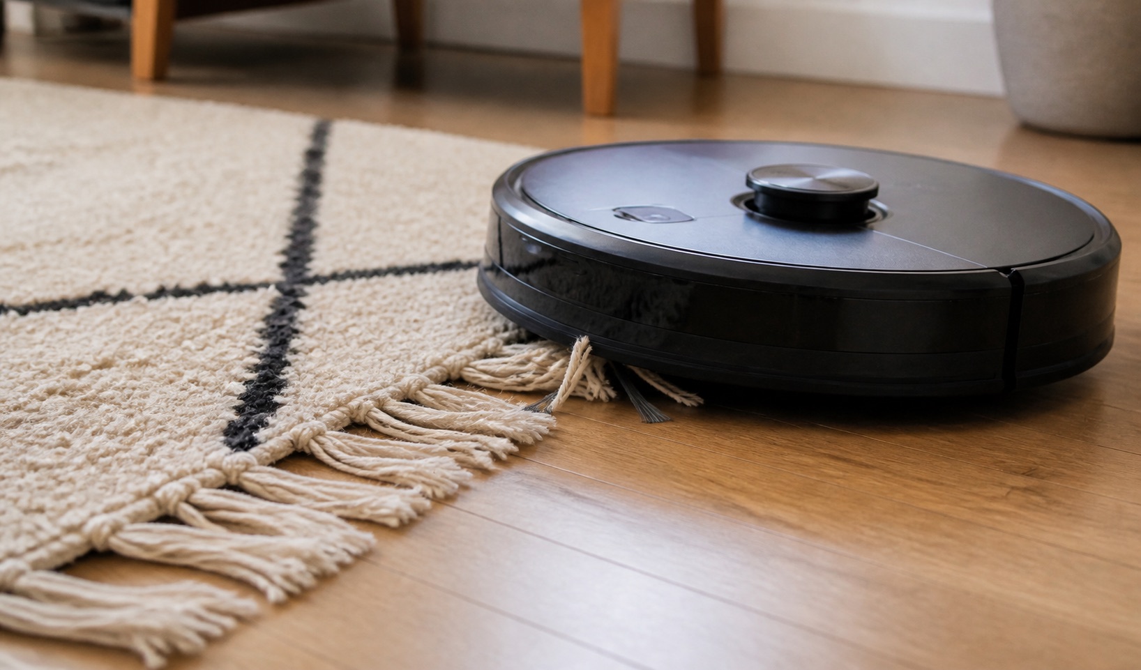 Illustration de la situation : Franges de tapis avalées par le robot aspirateur : que faire