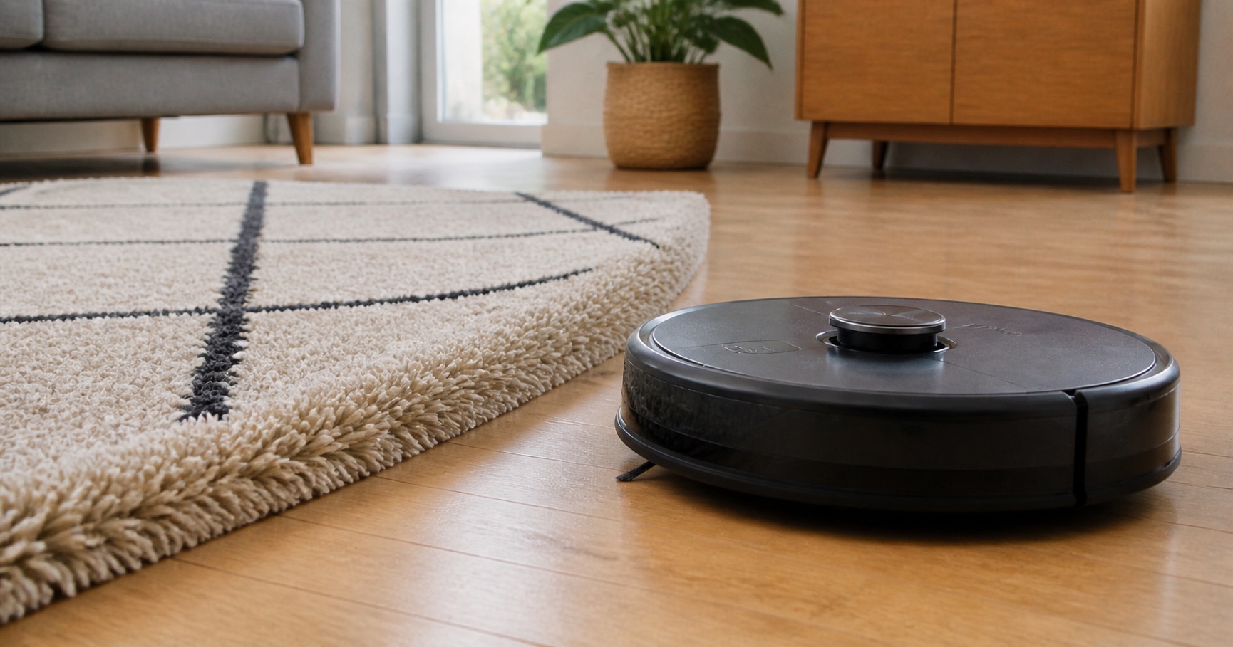 Illustration de la situation : Robot aspirateur et tapis épais : franchir ou contourner